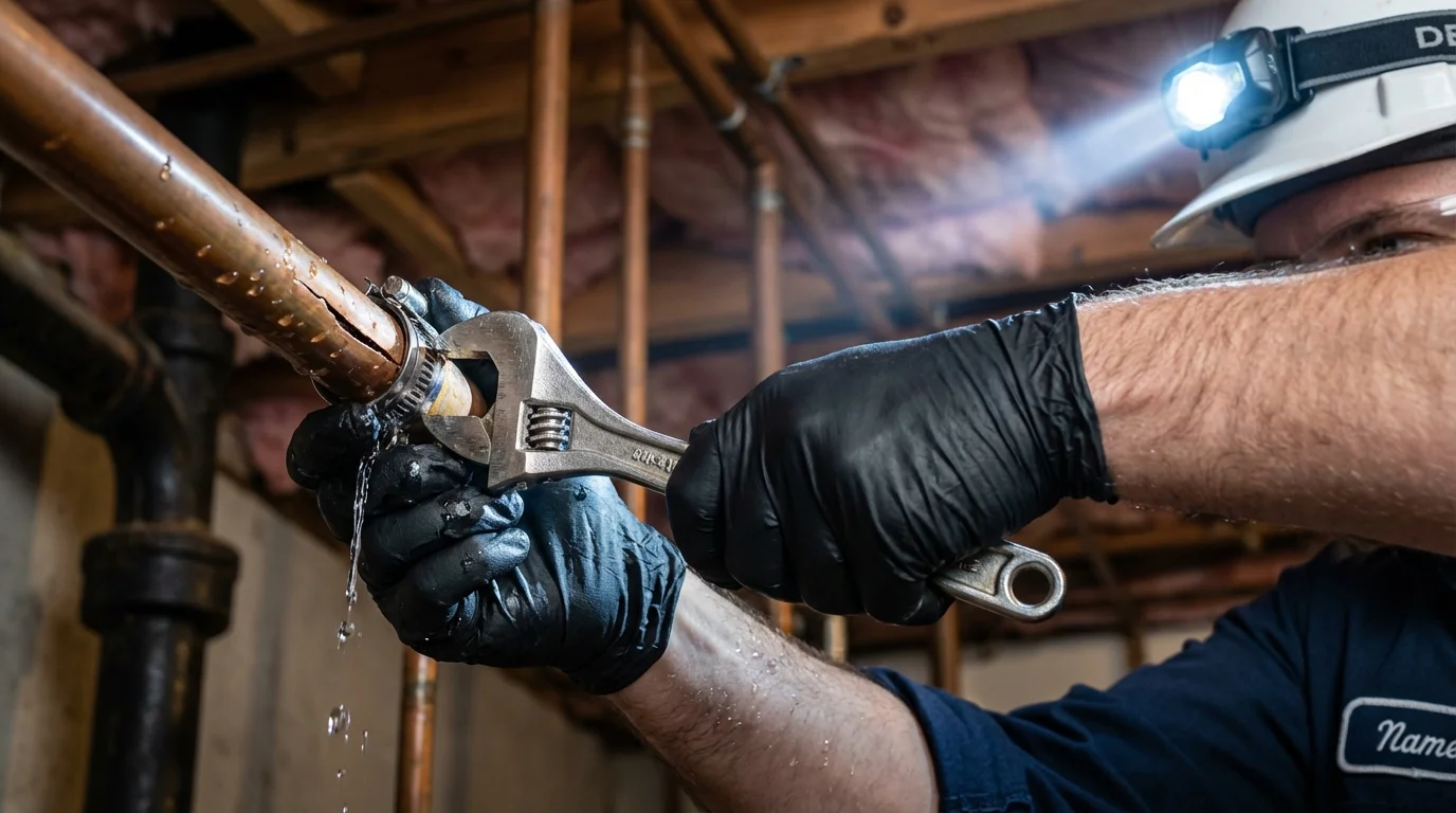 Emergency pipe clamp repair being performed by a Johns Plumbing LLC plumber in Waconia
