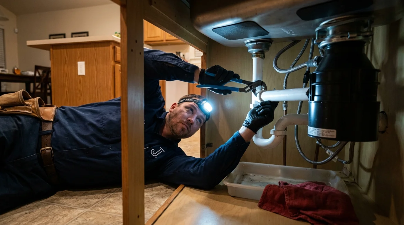 P-trap and supply line connections under a kitchen sink showing a common leak point in Waconia, MN